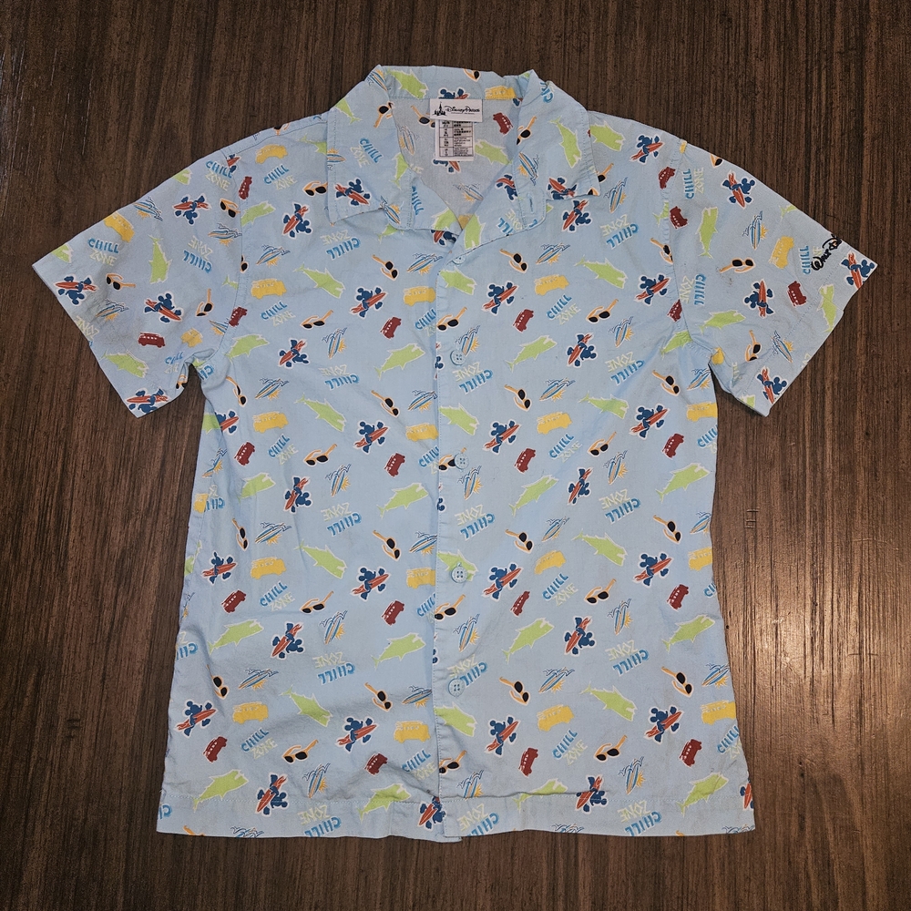 Disney Parks Light Blue Button Down Shirt with Colorful Accents Kids Size Large
